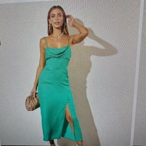 Vici Emerald Green Satin Midi Cowl Neck Spaghetti Strap Slit Dress NWT Size S